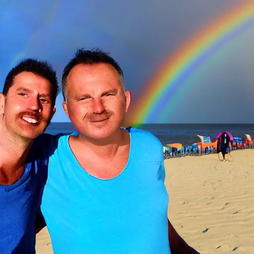 Image similar to two men on a beach wearing n 9 5 s, with a rainbow in the background, photograph