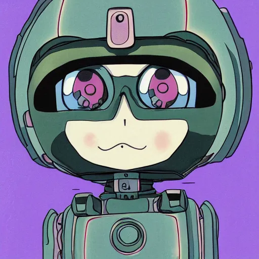 Image similar to very cute, small robot, friendly eyes, anime art by Hayao Miyazaki.