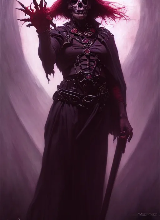 Prompt: necromancer casting toll the dead, full body, hyper realistic dnd character art portrait, dark fantasy art, intricate fantasy painting, dramatic lighting, vivid colors, deviantart, artstation, by edgar maxence and caravaggio and michael whelan and delacroix.