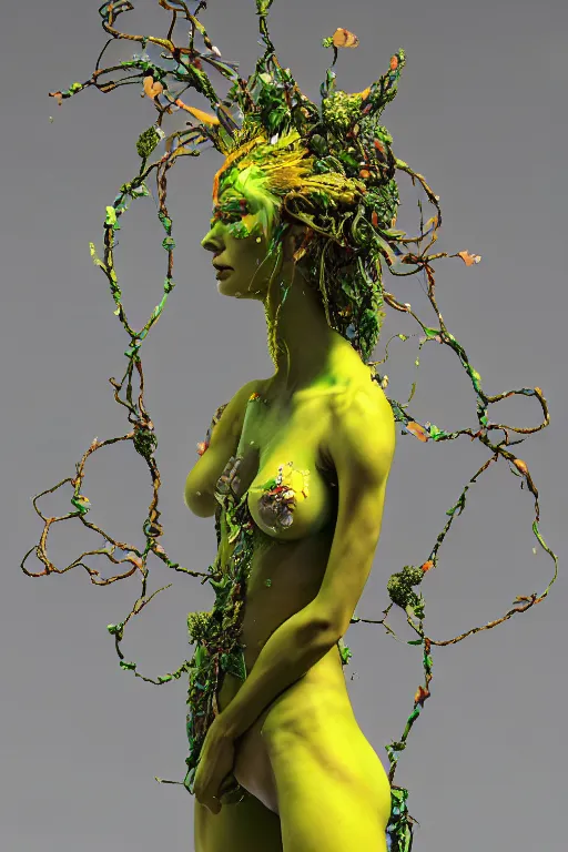 Prompt: an epic non - binary model, subject made of cracked clay, vine headdress, cables all over body, with yellow and green bubbles bursting out, delicate, beautiful, intricate, melting into jolteon, houdini sidefx, by jeremy mann and ilya kuvshinov, jamie hewlett and ayami kojima, bold 3 d