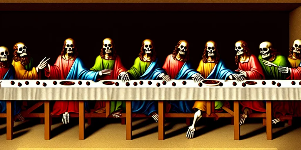 Image similar to masterpiece last supper, all skeletons, extremely detailed, 8 k, artstation, by leonardo da vinci, trending on artstation