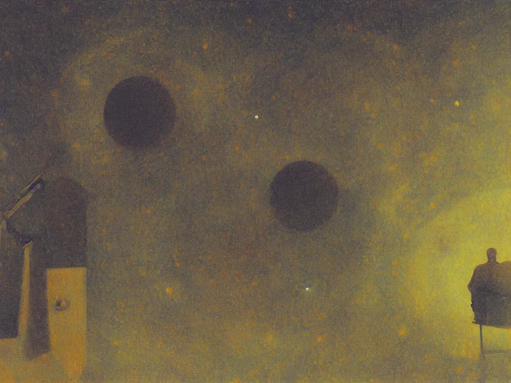 Prompt: painting by mikalojus konstantinas ciurlionis. portrait of astronomer asleep at the telescope. comet