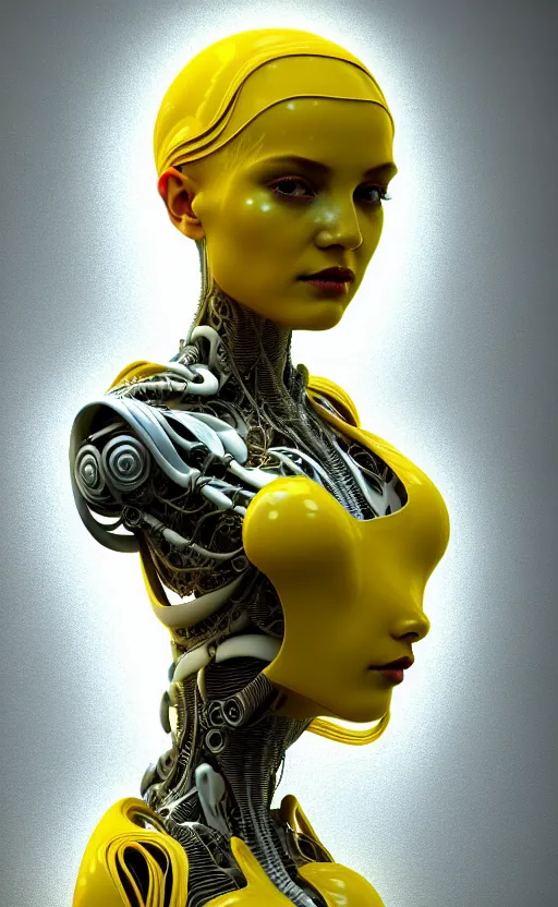 Image similar to intricate hyper detailed ultra sharp 3 d render of a beautiful smooth porcelain seductive cyborg woman portrait, medium shot portrait, bright light, alexandre ferra mecha, haute couture deeply cyberpunk art nouveau huge white fractal mycelum and fungi head ornaments, big embroidered leaves filigree spreaded roots, yellow infrared, octane render, volumetric cinematic lighting, 8 k, vray tracing