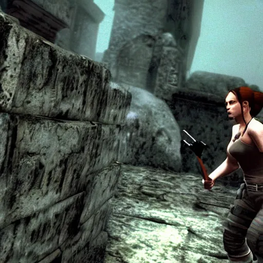 Prompt: an in-game screenshot of Adele in Tomb Raider (1996) PlayStation one 1