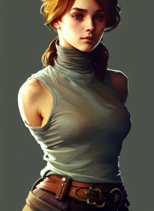 Image similar to portrait of a full body of beautiful young female detective, d & d, sleeveless turtleneck, fantasy, flat lighting, intricate, highly detailed, digital painting, artstation, concept art, smooth, sharp focus, illustration, art by simon bisley and greg rutkowski and alphonse mucha, natural tpose