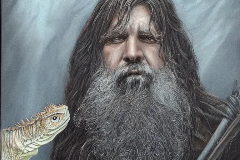 Image similar to 1979 Portrait of a wizard with the head of a bearded dragon fantasy style by Chris Rahn. Trending on r/characterdrawing