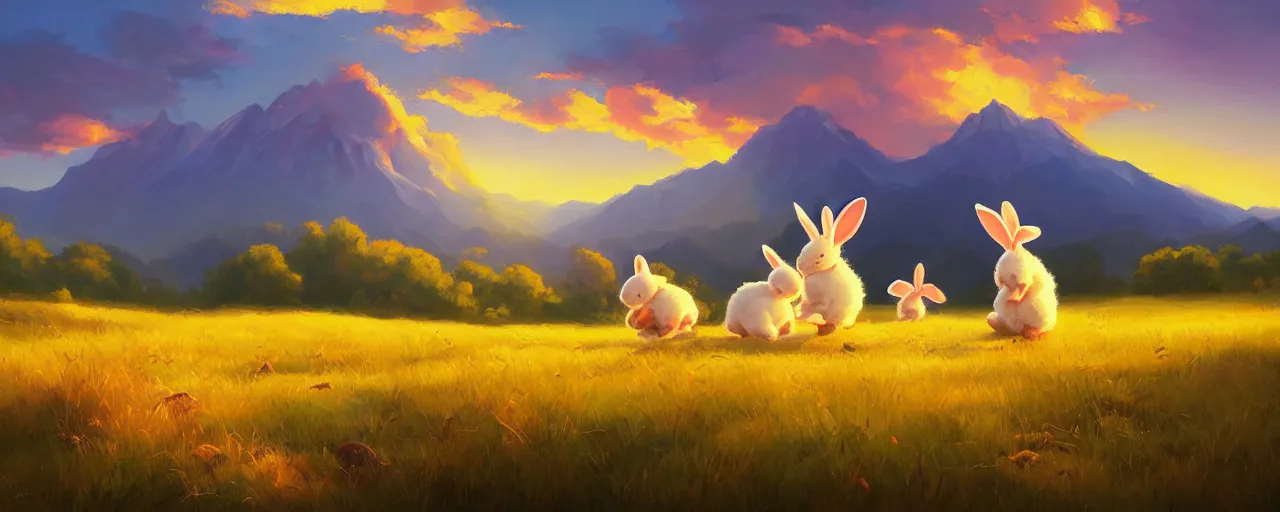 Image similar to cotton bunnies hopping around in a beautiful nature landscape with clouds, mountains, in background, sunset, by rhads