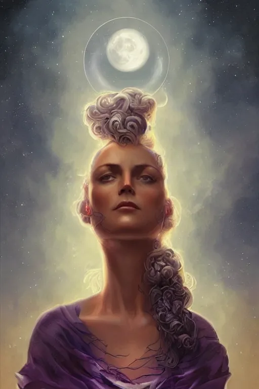 Prompt: Dolores Abernathy (Westworld character), breathtakingly beautiful portrait, beautiful hair, symmetrical face, moonlit purple sky, matte painting by Peter Mohrbacher, highly detailed, intricate, ,award winning artwork, trending on artstation, high quality printing, fine art with subtle redshift rendering