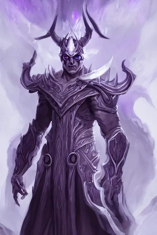 Image similar to man male demon, full body white purple cloak, warlock, character concept art, costume design, illustration, black eyes, white horns, trending on artstation, Artgerm , WLOP