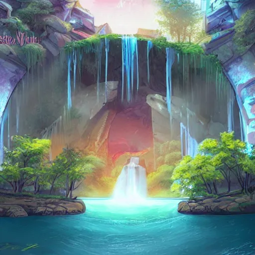 Prompt: ancient structures and waterfalls, retrowave epic art, trending on art station