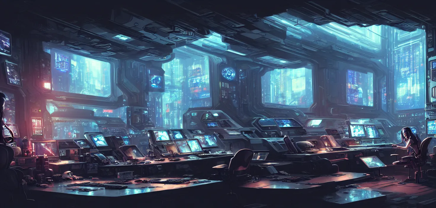 Image similar to a hyper detailed octane render concept art by xision wu, kerem beyit, sandara tang portrait of cyberpunk panel control spaceship room, dim lighting, detailed portraits, unreal engine 5, highly rendered, digital painting, hyper realistic, photorealistic, artstation, concept art, smooth, sharp focus perfect horizontal, symmetry illustration, detailed and intricate environment artstation hq