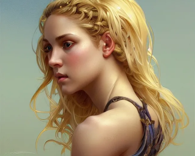 Image similar to portrait of blonde girl with mutiple heads, jump suit, vivid eyes, real life skin, intricate, elegant, highly detailed, artstation, concept art, smooth, sharp focus, art by artgerm and greg rutkowski and alphonse mucha