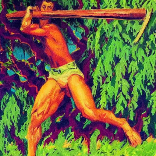 Image similar to a leroy neiman painting of a a young teen swinging a machete at a large monster made of vines and plants, dynamic pose, bat swing pose