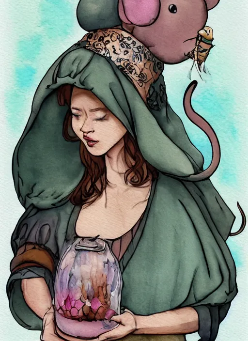 Prompt: a watercolor ink painting of the selfless female anthropomorphic mouse midwife. her wardrobe is complicated trending on artstation deviantart pinterest furaffinity hyper detailed photorealistic highlights and shadow hd 8 k post - processing high resolution