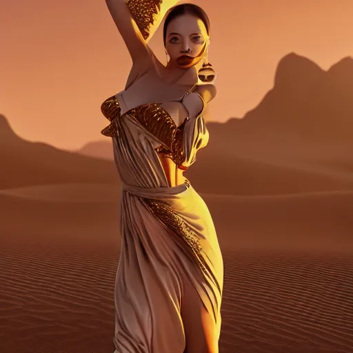 Image similar to innovative avant-garde art, deco fashion, asian women, highly detailed, photorealistic portrait, serene desert setting, golden hour, crisp quality and light reflections, unreal engine 5 quality render