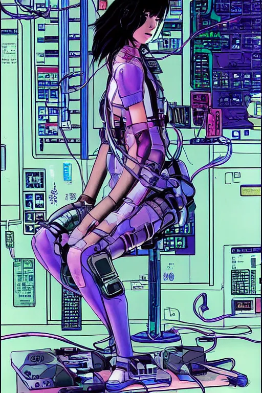 Prompt: cyberpunk illustration of motoko kusanagi seated in the lab, with wires and cables coming out of her head and back, by moebius, masamune shirow and katsuhiro otomo, colorful, detailed, side view