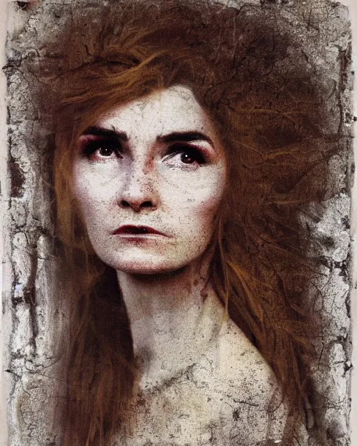 Prompt: a beautiful and eerie baroque painting of a gorgeous young woman who looks like shirley henderson, with wild hair and haunted eyes, 1 9 7 0 s, woodland, afternoon light, mixed media embellishments