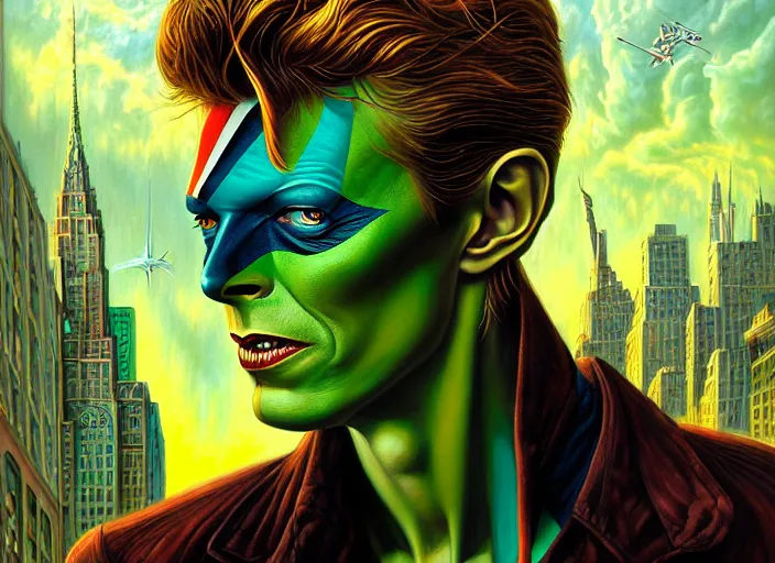 Image similar to painted poster of david bowie, as the green goblin flying above new york in the background. intricate, elegant, highly detailed, centered, digital painting, artstation, concept art, smooth, sharp focus, illustration, artgerm, tomasz alen kopera, peter mohrbacher, donato giancola, joseph christian leyendecker, drew struzan