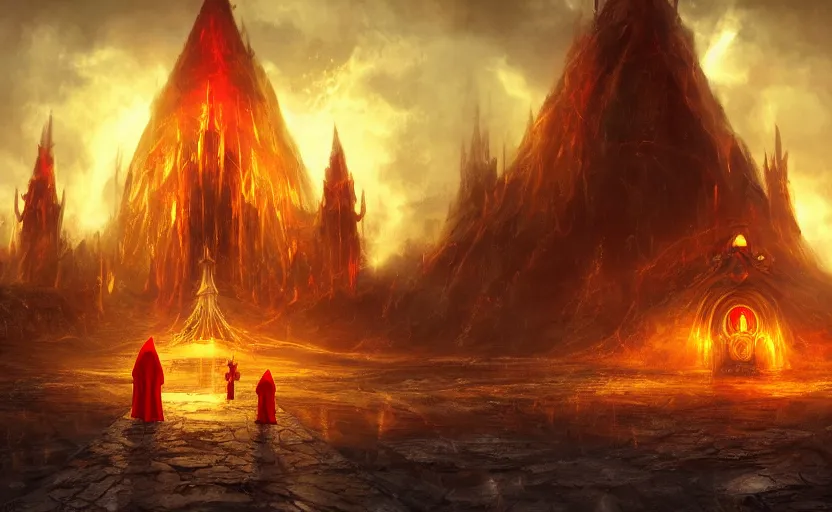 Prompt: red hooded mage, holding a golden bell, standing in front of an enormous arcane gate to another realm, mindblowing, concept art, matte, illustration, ominous, magical, dnd, 4 k uhd, very detailed