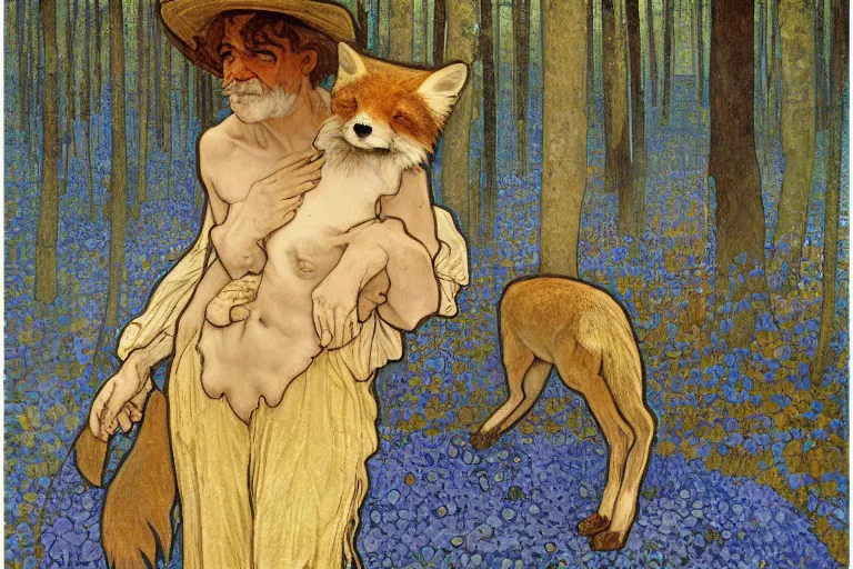 Image similar to landscape art nouveau painting of an old man dressed as a farmer and his fox in the forest, by alphonse mucha and gustav klimt and antoni gaudi, masterpiece,, warm shades of blue, silver, orange, gold, and pink, oil painting, high resolution, very detailed, oil on canvas