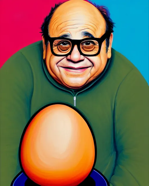 Image similar to painting portrait of danny devito as an egg, cartoon, warm lighting, danny devito has an egg body, movie poster, illustration by bartek fedyczak, erak note, tooth wu, neil richards, kan liu, siwoo kim, jisu choe, trending on art station