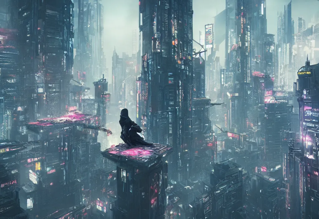 Cyberpunk wallpaper with a character on top of a building