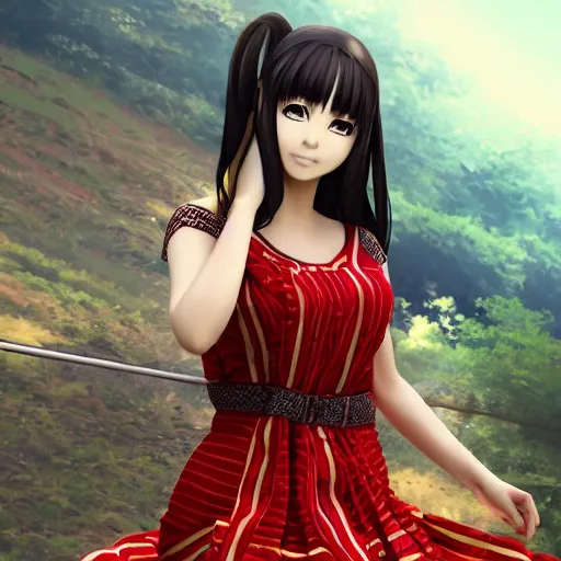 Prompt: render as a very beautiful 3d anime girl, wearing assamese bihu mekhela sador gamosa dress, long braided black hair, hazel eyes, full round face, short smile, cinematic lightning, medium shot, mid-shot, highly detailed, trending on Artstation, Unreal Engine 4k, cinematic wallpaper