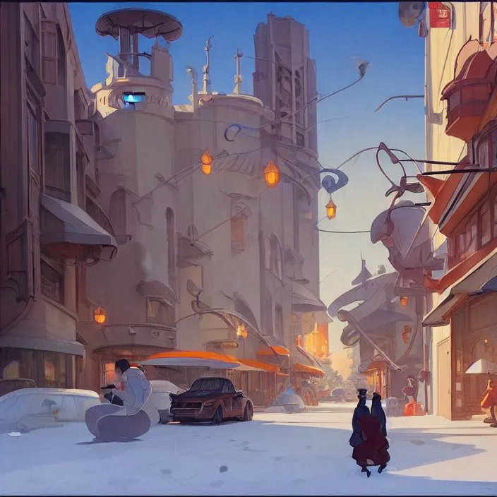 Image similar to californian city, winter, in the style of studio ghibli, j. c. leyendecker, greg rutkowski, artem