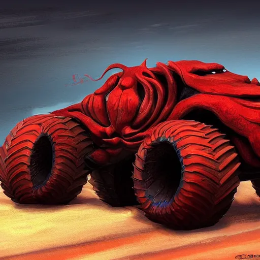 Image similar to A red dragon head as a monster truck body, concept art, trending on artstation