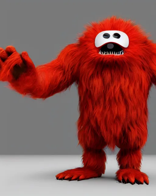 Image similar to 3 d render of completely red hairy friendly monster wearing chrome shades, full body, simple, cute, white background, unreal engine 5 hdr