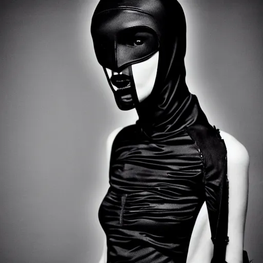 Image similar to fashion photography of an extraterrestrial model, wearing a black mask, wearing demobaza fashion, inside berghain, berlin fashion, harness, futuristic fashion, dark minimal outfit, photo 3 5 mm leica, hyperdetail, berghain, 8 k, very detailed, photo by nick knight