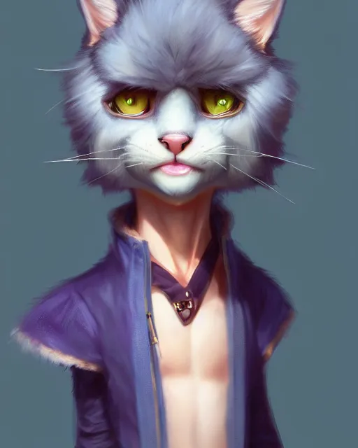 Image similar to character concept art of a young male anthropomorphic furry cat | | cute - fine - face, pretty face, key visual, realistic shaded perfect face, fine details by stanley artgerm lau, wlop, rossdraws, james jean, andrei riabovitchev, marc simonetti, and sakimichan, trending on artstation