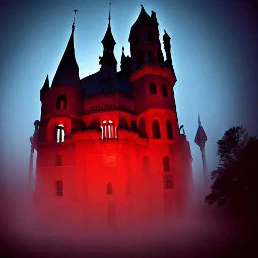 Image similar to wide angle photo of a gothic castle, the sky is red, many bats flying around in the sky, eerie fog, nightmare miasma, trending on artstation,