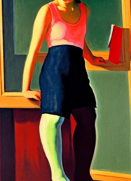 Prompt: oil painting of an asian annasophia robb in a learning uniform wearing stockings, teaching you a lesson in a void room full of existential horror painted by Bryan Lee O'Malley and Edward Hopper, John Singer Sargant, inspired by paintings of Francis Bacon and melting color palette of Mark Rothko