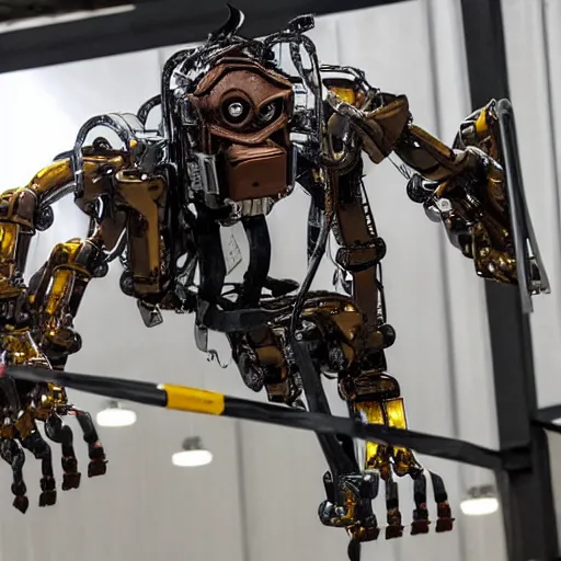 Image similar to publicity photo released by boston dynamics of its prototype metallic orangutan - style robot leaping or swinging or climbing in an obstacle - course while engineers are taking notes.