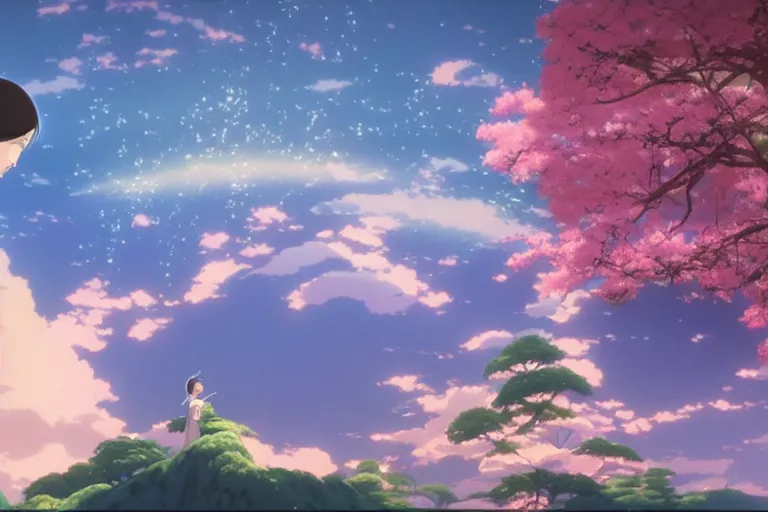 Image similar to painting of a dreamscape, a smiling bodhisattva in the foreground, otherworldly and ethereal by kazuo oga in the anime film by studio ghibli, screenshot from the anime film by makoto shinkai