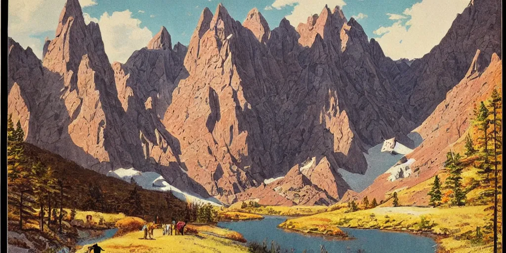 Image similar to beautiful!!!!!!!!!!!! idyllic poster illustration for a craggy ice snow valley canyon national park by ludwig hohlwein, ludwig hohlwein!!!!!!!!!!