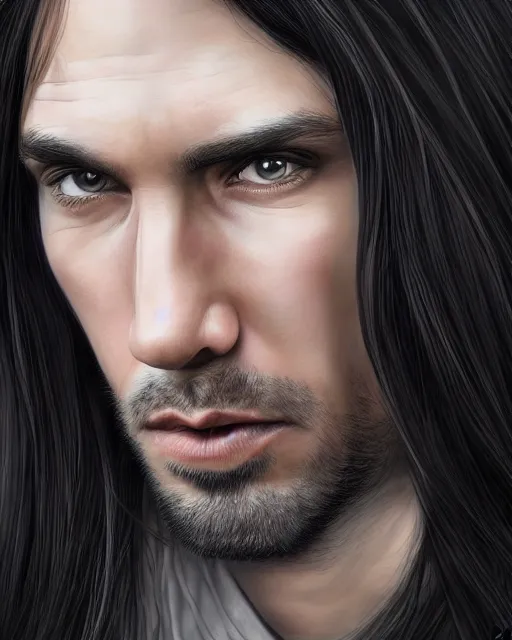 Image similar to portrait of tall, tired 3 3 - year - old handsome man with long black hair, grey eyes, wearing black clothes, hyper realistic face, beautiful eyes, character art, art by mark brooks, hyperdetailed, cryengine, trending on artstation, digital art