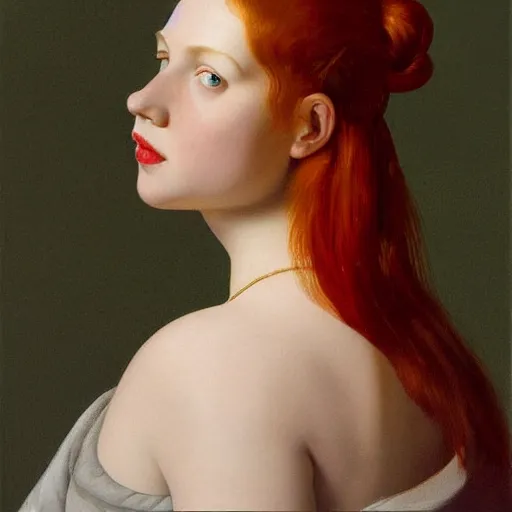 Image similar to a highly detailed portrait, red haired young woman, long hair, green eyes, hint of freckles, round gentle face, cheeky smile with red lips, among golden fireflies and nature by night, deep focus, smooth, sharp, golden ratio, elegant, digital painting by artemisia lomi gentileschi, caravaggio and artgerm