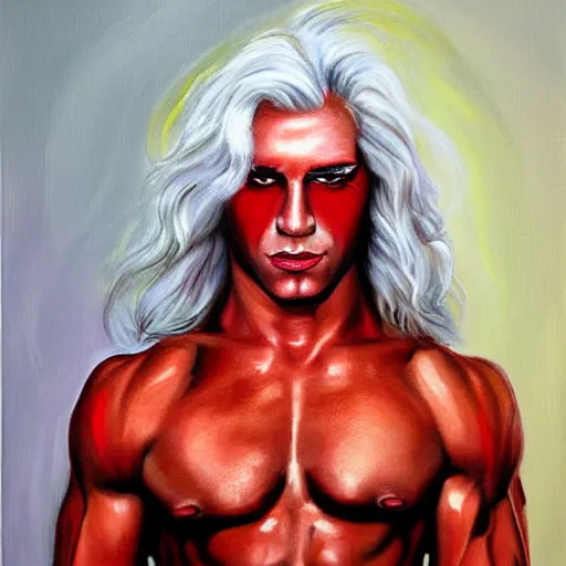 Prompt: buffed guy, long white hair, horns, red eye makeup, painting by by ralph grady james, jean christian biville