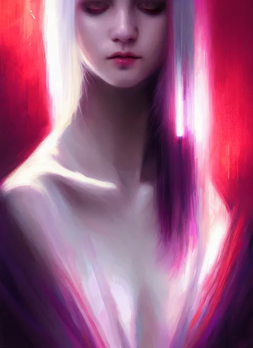 Image similar to hair whitebangs hair, white hair, whitebangsblackhair, portrait of teenage girl with white bangs, blackhair, red irises, purple clothes, intricate, elegant, glowing lights, highly detailed, digital painting, artstation, concept art, sharp focus, illustration, art by wlop, mars ravelo and greg rutkowski