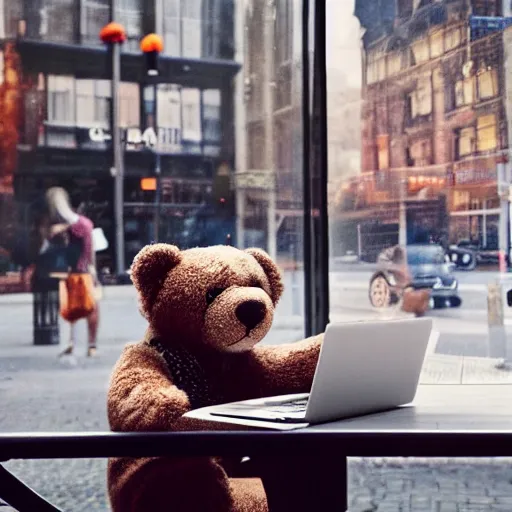 Image similar to teddy bear sitting in a cafe using a laptop, city streets in window, cinematic, highly detailed