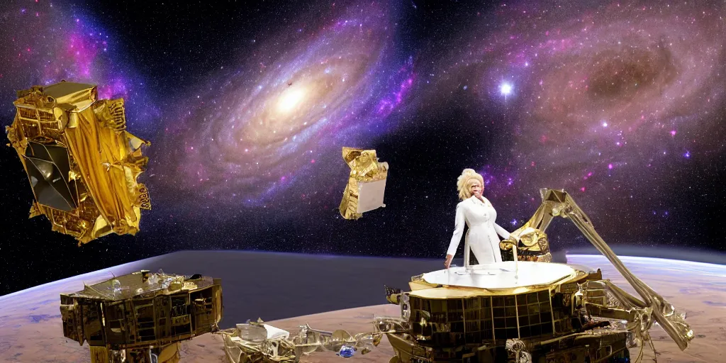 Image similar to Dolly Parton is in space, a camel floating in space, James Webb Space Telescope, photograph, dark matter, galaxies, 50mm, depth of field, photo realistic