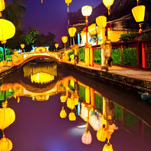 Prompt: hoi an ancient town, lanterns, night time painting, on a bridge overlooking a river