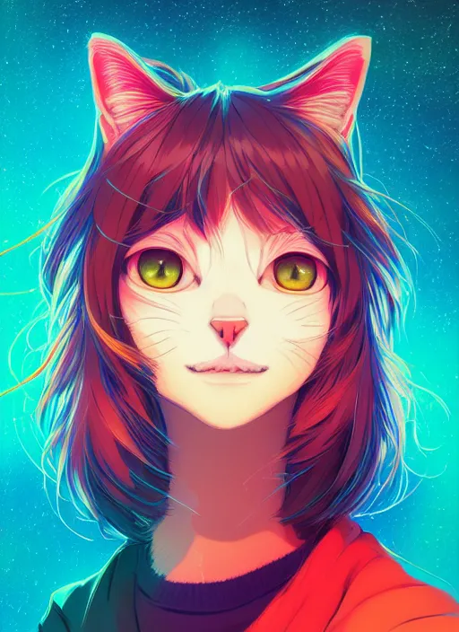 Image similar to ⁠portrait of a cat, cosmic background, rich vivid colors, ambient lighting, dynamic lighting, 4k, HQ, official media, anime key visual, makoto shinkai, ilya kuvshinov, lois van baarle, rossdraws, detailed, trending on artstation