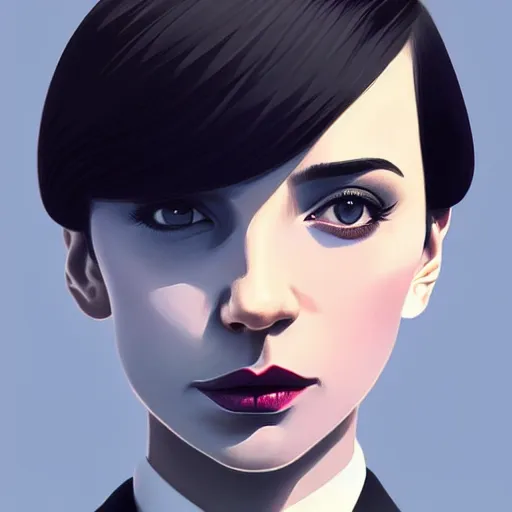 Image similar to young in black tuxedo, scornful, disdainful, muted colors, matte print, pastel colors, 2d, ultra highly detailed, smooth, sharp focus, digital art, digital painting, fan art, elegant, artstation, head is centered, by Ilya Kuvshinov