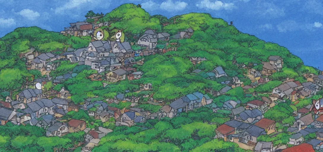 Image similar to studio ghibli style, hilly countryside and ocean