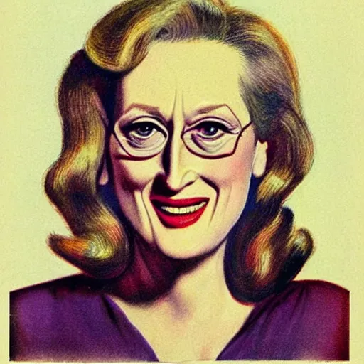 Image similar to “Meryl Streep portrait, color vintage magazine illustration 1950”