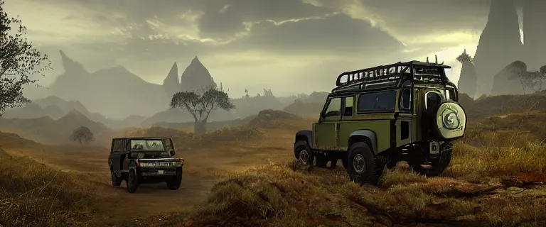 Image similar to Land Rover Defender 110 (1985), The Elder Scrolls III: Morrowind, dwemer Akulakhan robot in the distance, an epic fantasy, dramatic lighting, cinematic, establishing shot, extremely high detail, photorealistic, cinematic lighting, artstation, by simon stalenhag, the Nerevarine drives across Morrowind, strange flora, strange fauna, Bull Netch floating around, Morrowind fauna prominent across the landscape