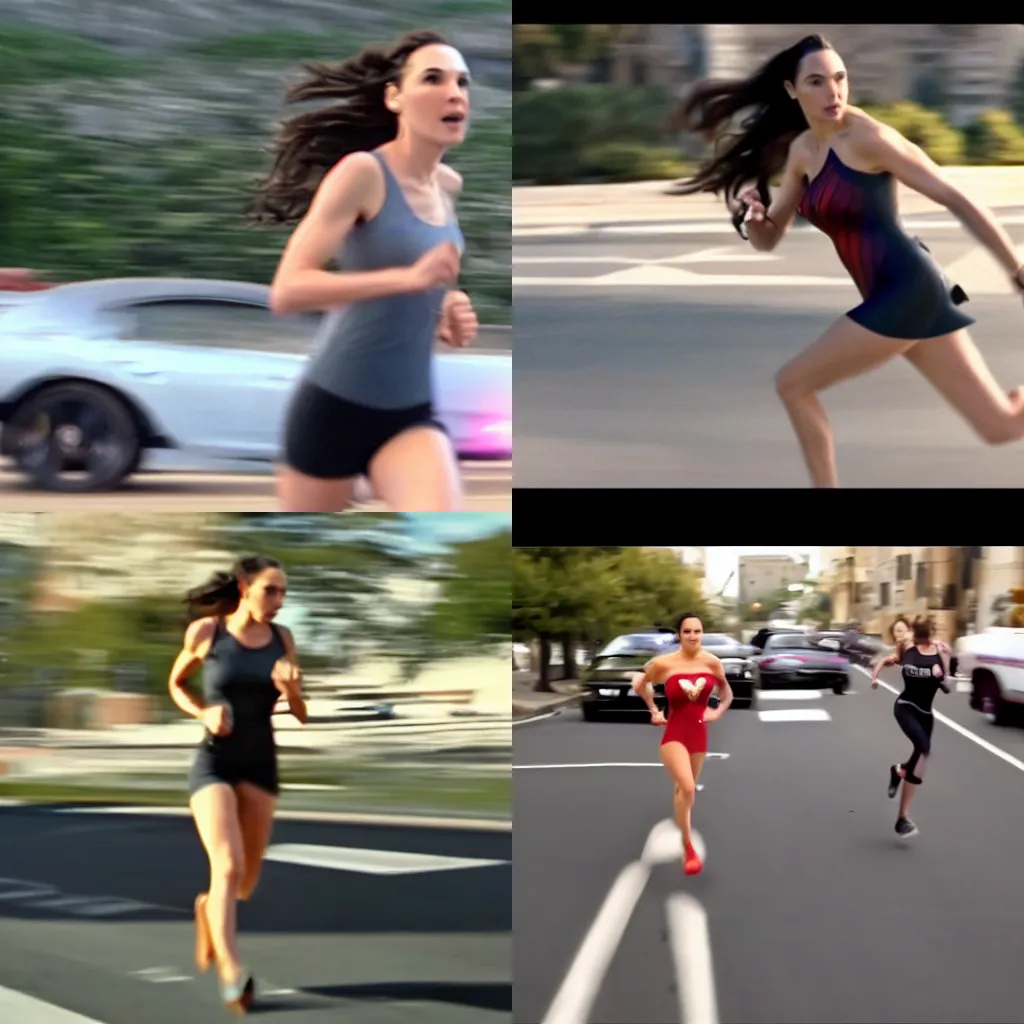 Prompt: dash cam screenshot of gal gadot running from the cops motion blur wide shot